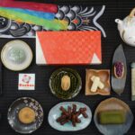 a table topped with plates of food and a tea pot